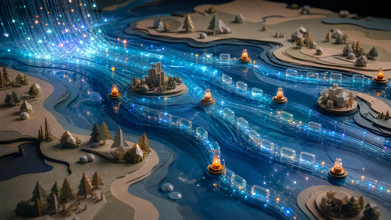 Illustration for Apache Spark Structured Streaming: data flow branches into a glowing river delta with checkpoints
