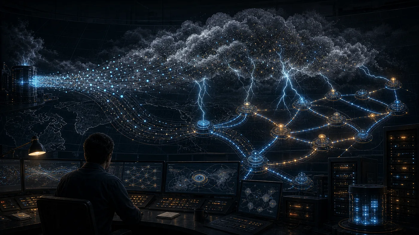Illustration for Apache Storm: real-time processing as a storm map with glowing events