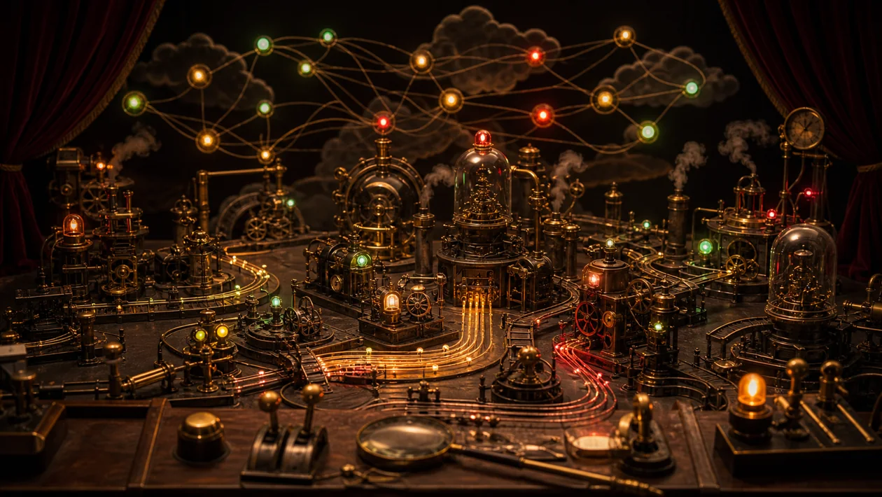 Illustration for AppDynamics: service machines, gauges, and signal lights show performance paths