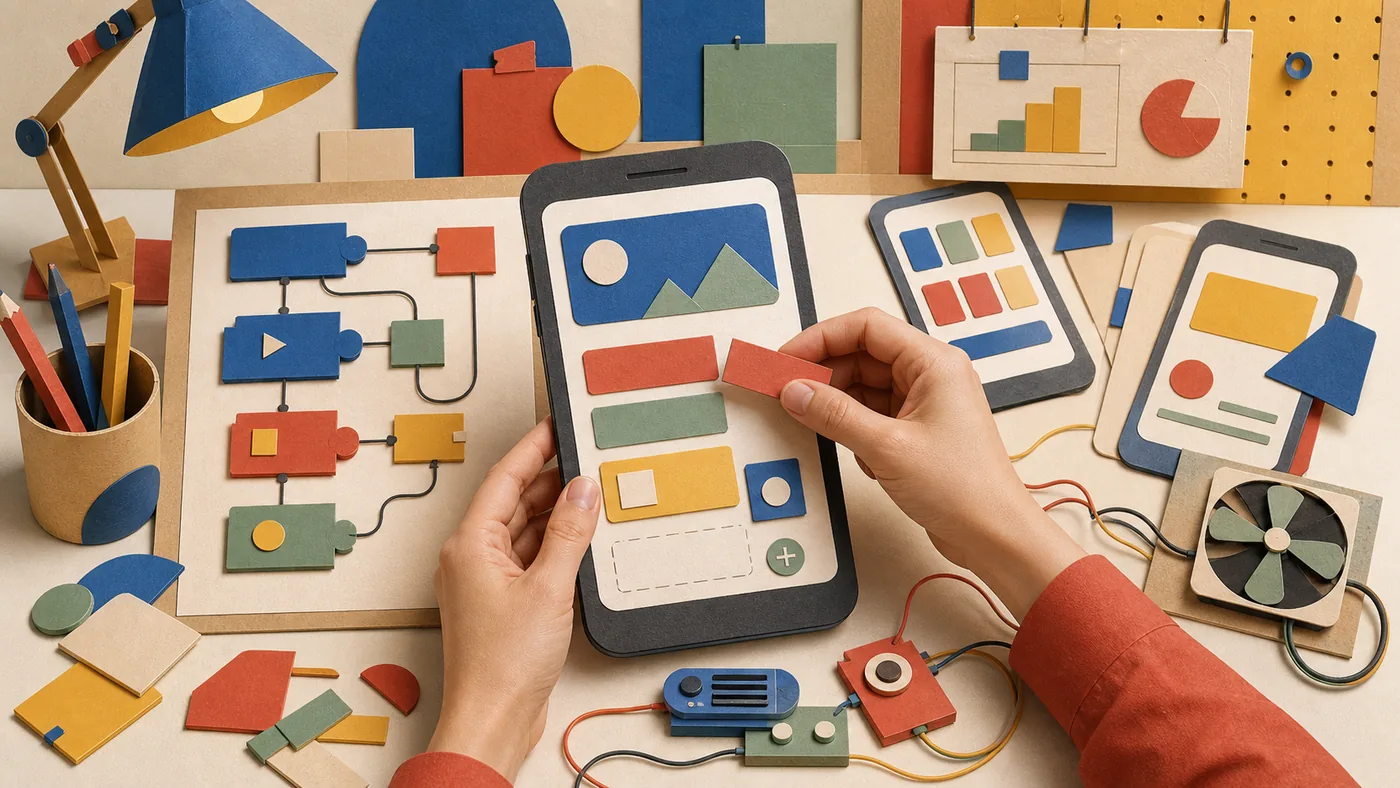 Illustration zu App Inventor: No-Code-App-Baukasten mit Puzzlemodulen und Smartphone-Prototyp