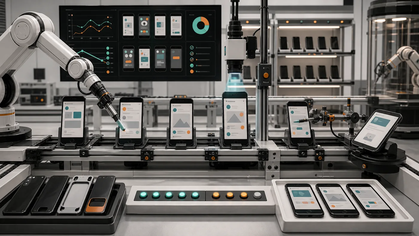 Illustration zu Appium: Mobile Testautomatisierung mit Telefonen, Roboterarm und Kontrollstationen