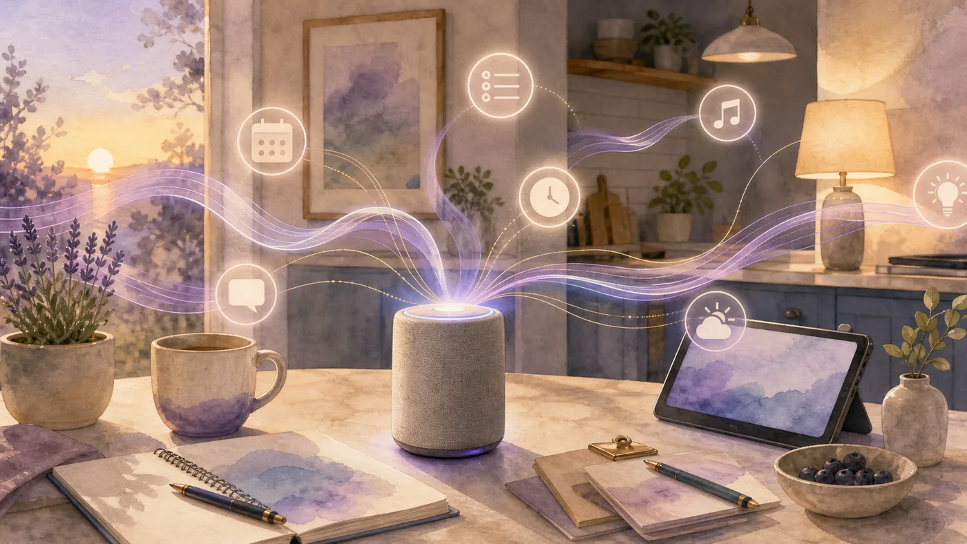 Illustration zu Apple Siri: Sprachassistenz im Wohnraum mit Lichtwellen und Smart-Home-Szenen