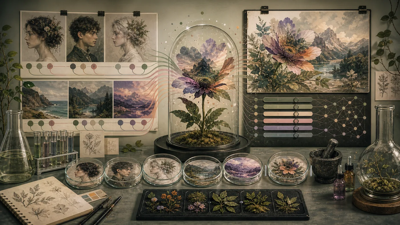 Illustration zu Artbreeder: Bildvarianten als botanisches Genetik-Labor mit Karten und Reglern