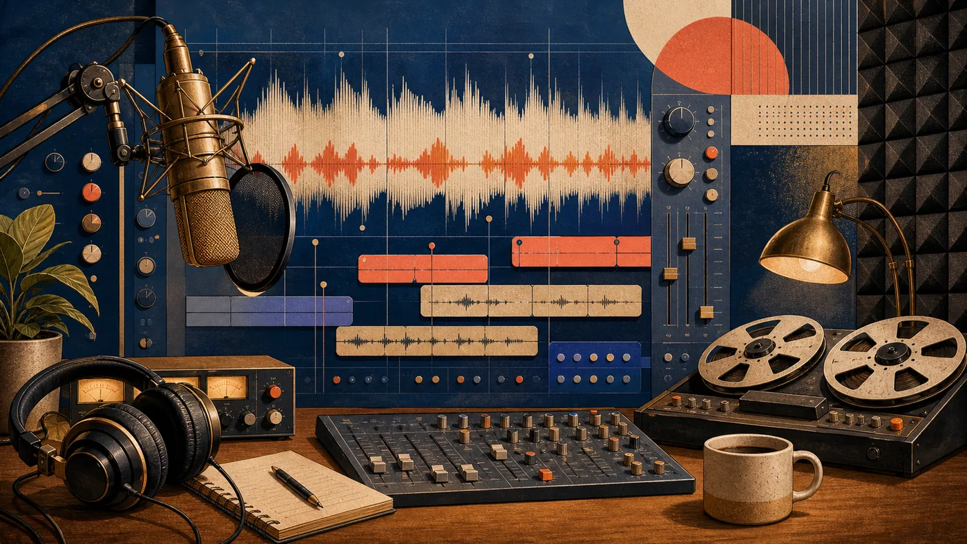 Illustration zu Audacity: Audio-Schnittplatz mit Wellenformen, Spuren und Studiohardware