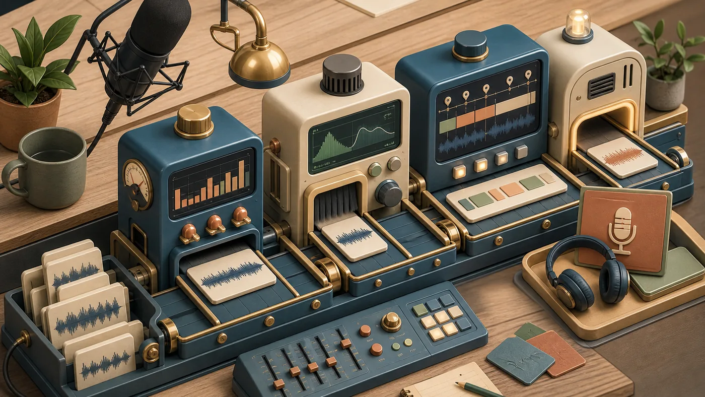 Illustration zu Auphonic: Podcast-Nachbearbeitung als Audio-Werkstatt mit Pegelmaschinen