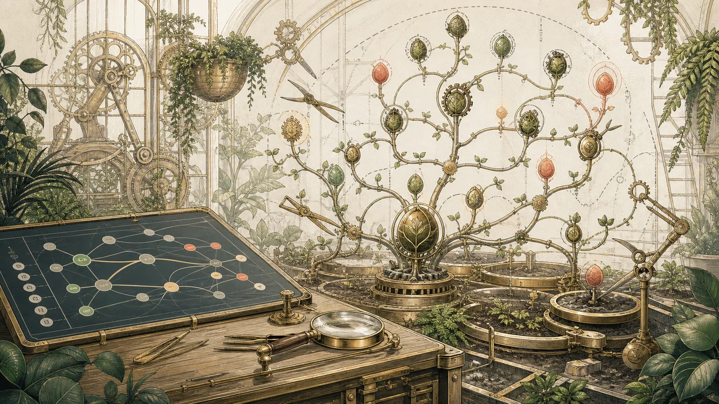 Illustration for Automata: autonomous workflows as a mechanical garden with task paths
