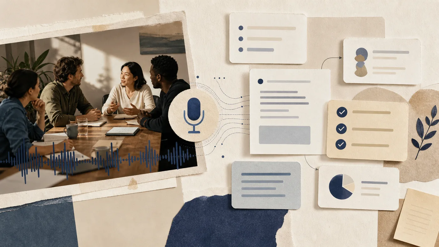 Illustration zu Avoma: Meeting, Audiowellen und Follow-up-Karten fuer Vertriebsteams