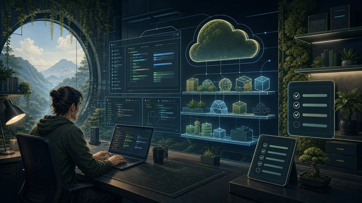 Illustration zu AWS Cloud9: Cloud-Entwicklungsplatz mit abstrakten Codeflaechen und Ressourcen