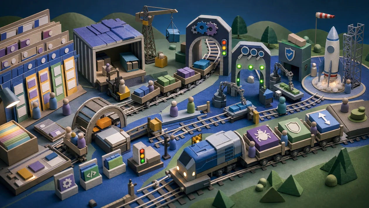 Illustration for Azure DevOps: release station with pipeline, tickets, and handoffs