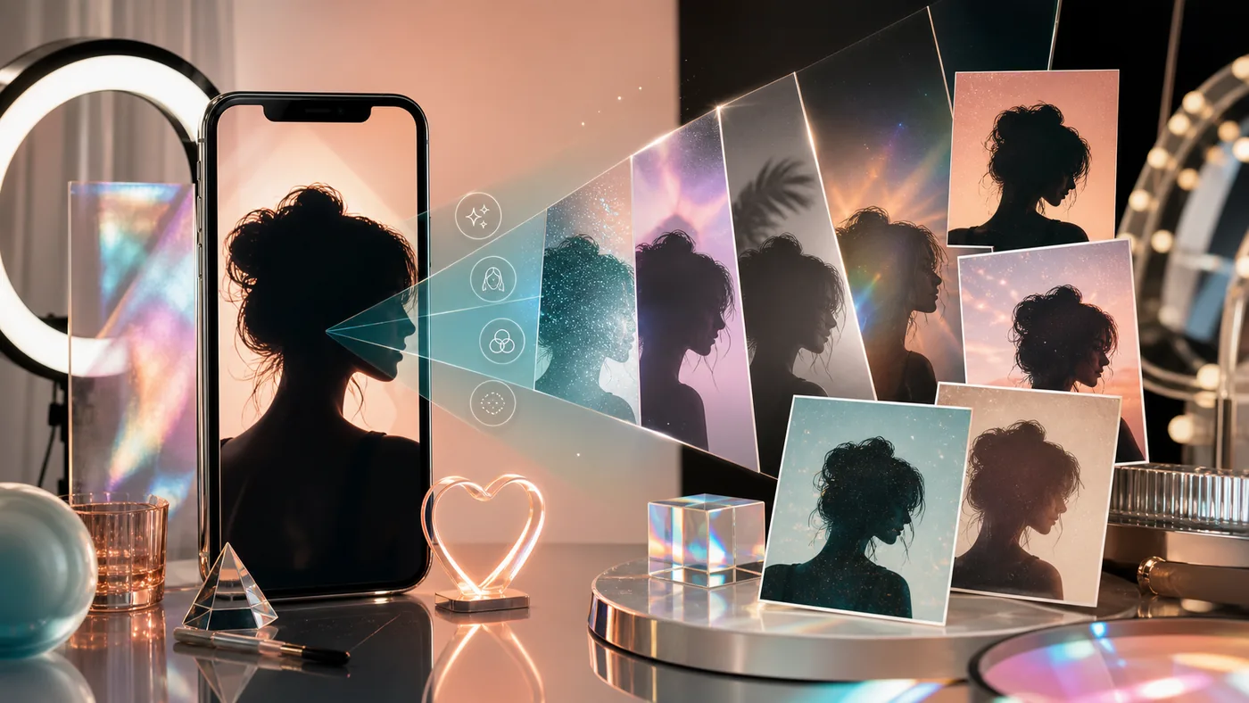 Illustration zu B612: mobile Kameraeffekte, Filtervarianten und Bildkacheln in einem Studiolicht