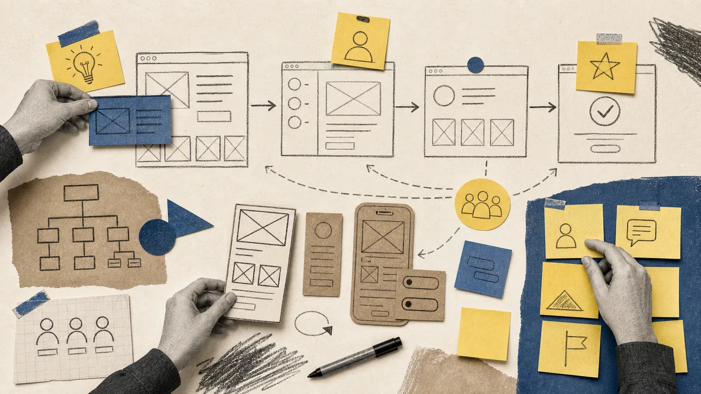 Illustration zu Balsamiq: grobe Wireframes, leere Skizzenkarten und Workshop-Entscheidungen
