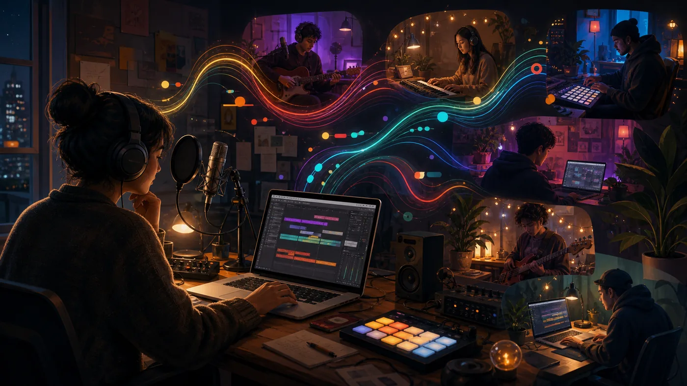 Illustration zu BandLab: Musikproduktion und Zusammenarbeit in einem naechtlichen Studio