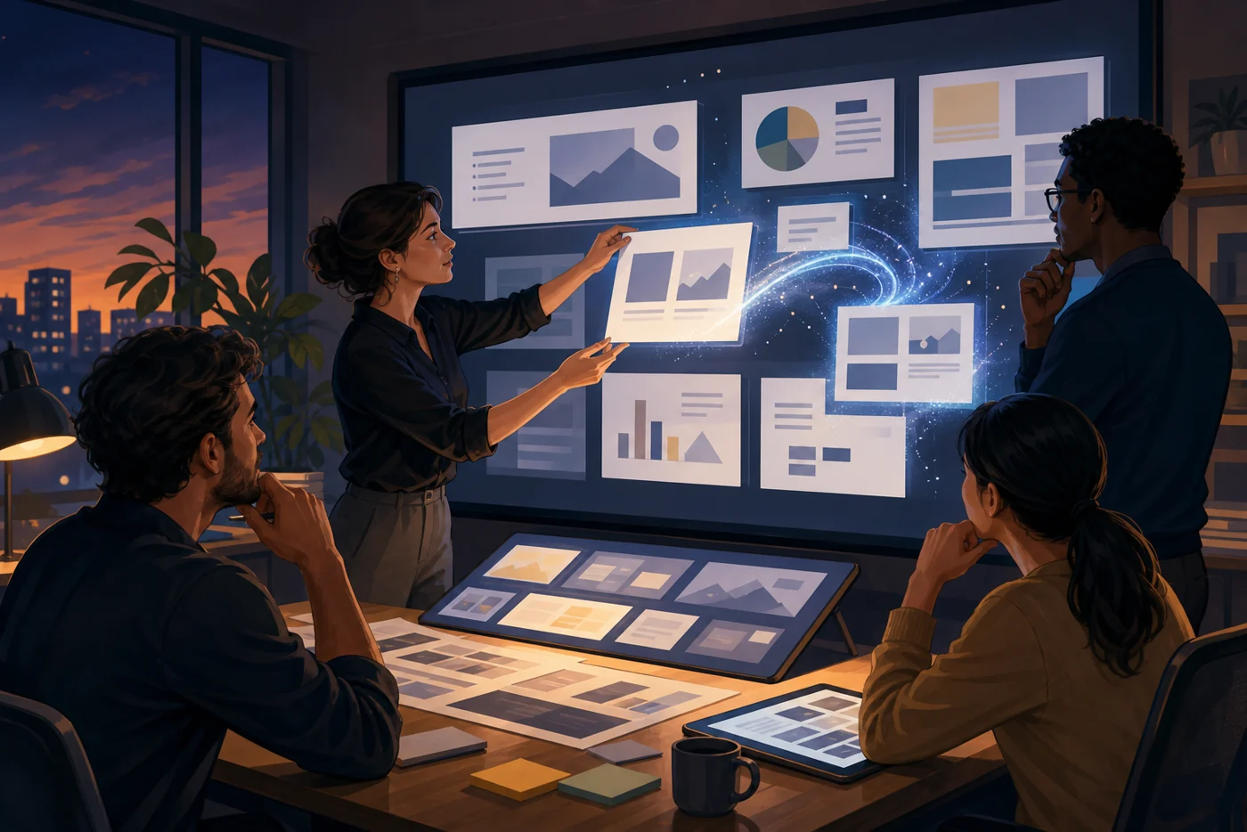 Illustration zu Beautiful.ai: Team ordnet abstrakte Präsentationsfolien zu einer klaren Story