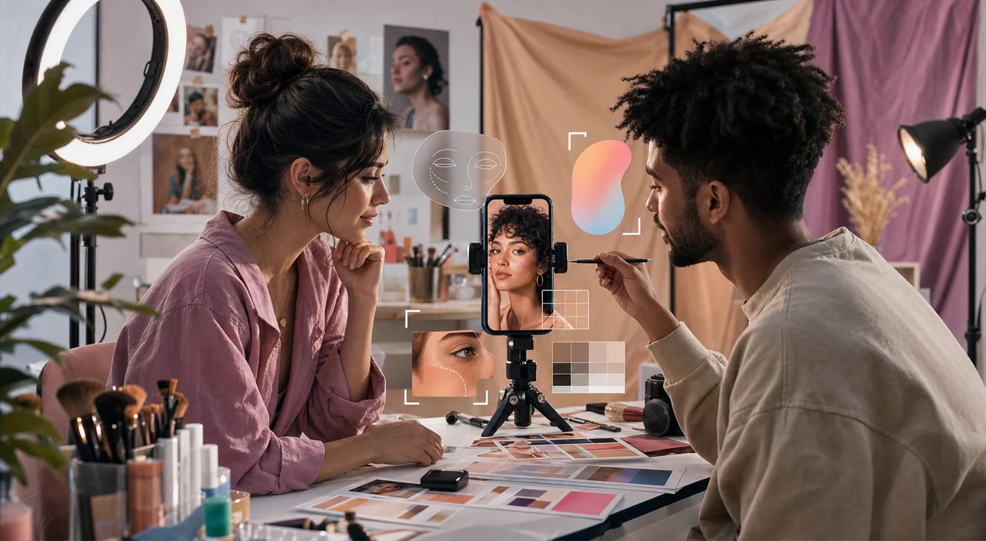 Illustration zu BeautyPlus: Creator-Team prüft Portraitbearbeitung mit abstrakten Retuschemasken im Studio