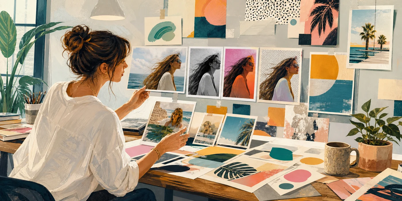 Illustration zu BeFunky: Designer erstellt Collage- und Bildvarianten an einem kreativen Arbeitsplatz
