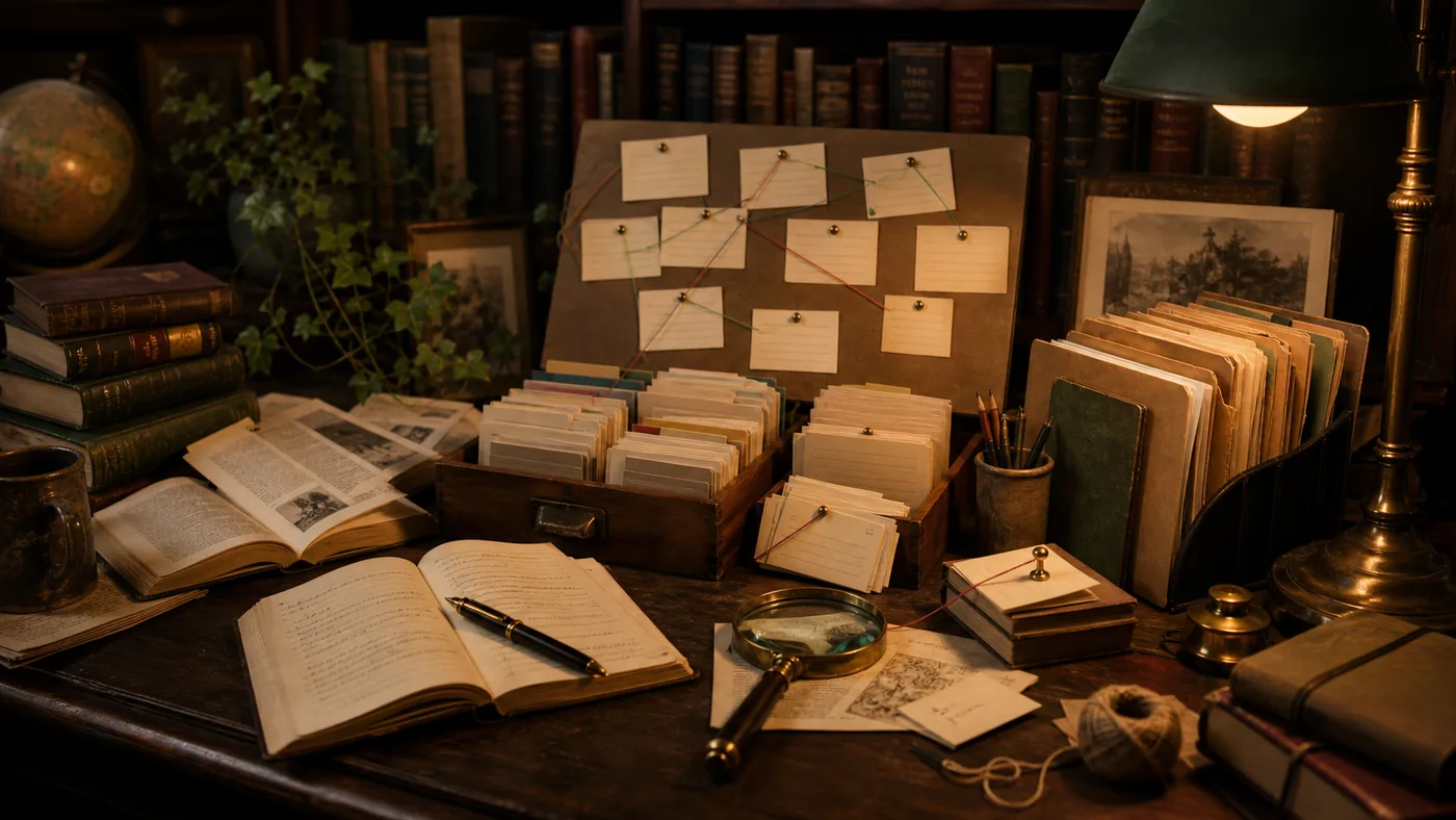 Illustration for BibDesk: reference cards, books and source work on a library desk