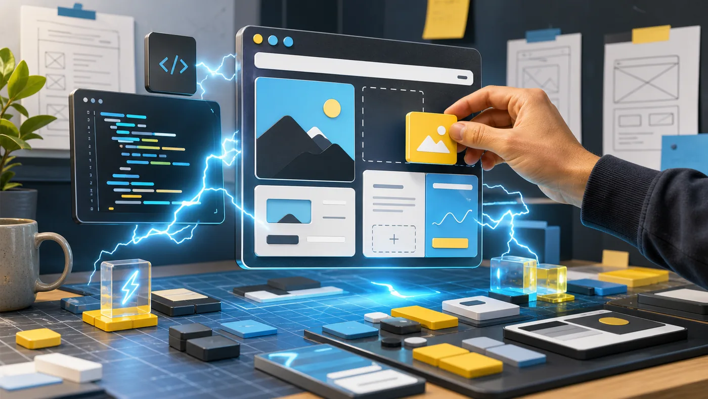 Illustration zu Bolt.new: App-Prototyp entsteht auf einer hellen Entwicklungswerkbank