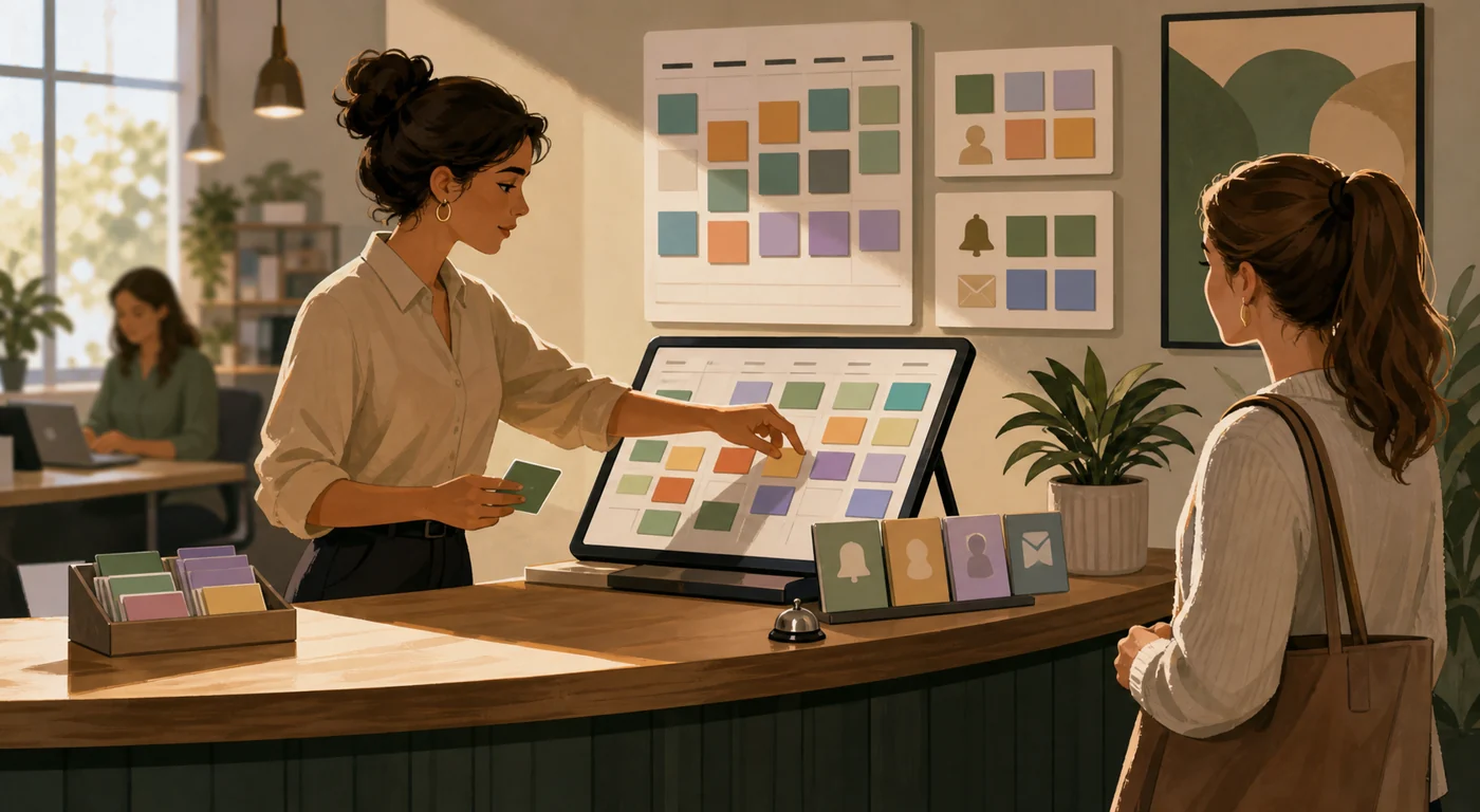 Illustration zu Bookafy: Koordinatorin ordnet Termine, Verfügbarkeit und Erinnerungen in einem Servicebüro