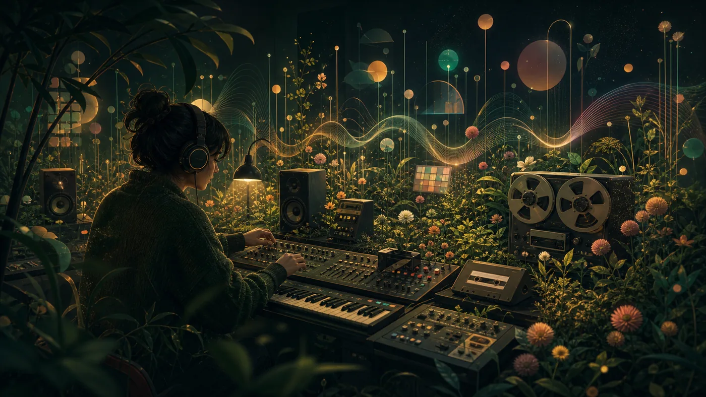 Illustration zu Boomy: Klangideen wachsen in einem futuristischen Musikgarten