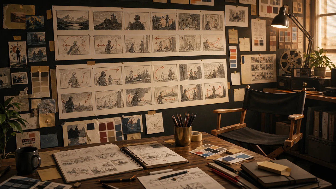 Illustration zu Boords: Storyboardplanung an einer Filmstudio-Wand