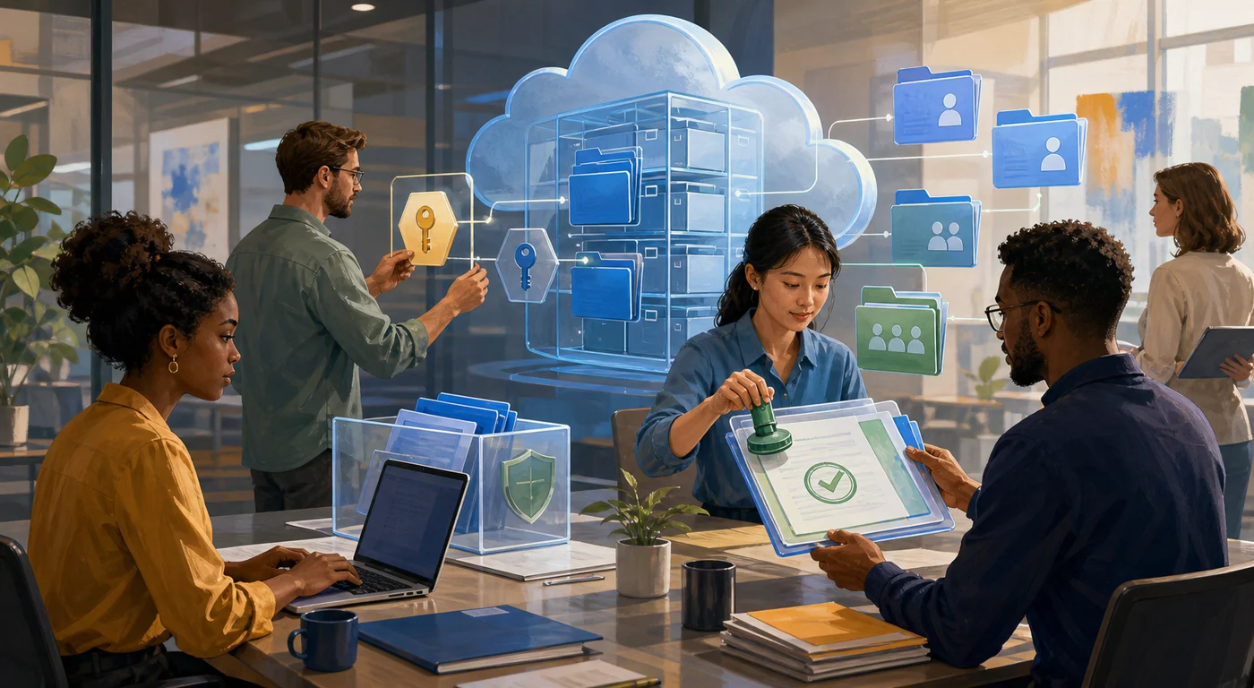Illustration for Box: team organizes secure file storage with approvals, versions, and a cloud archive