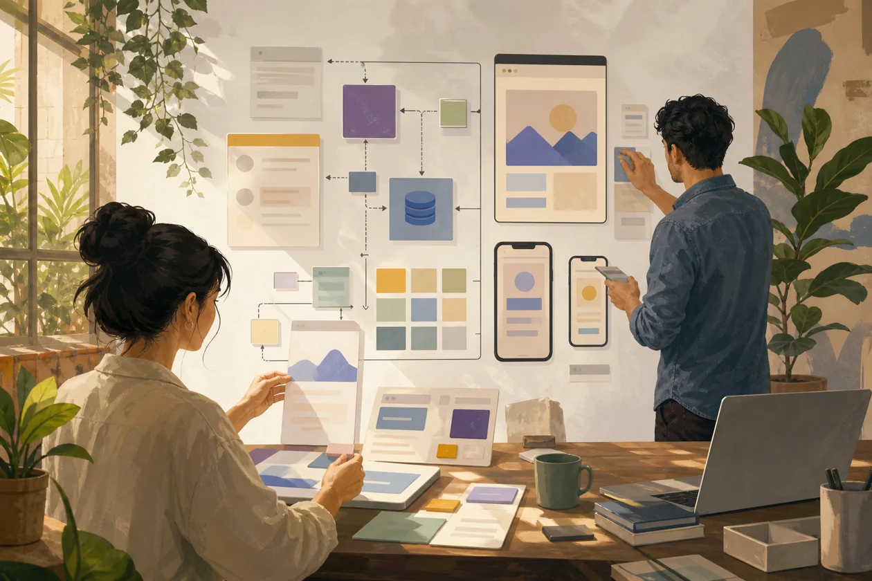 Illustration zu Bubble: Team baut eine Webapp aus visuellen Daten- und Workflow-Bausteinen