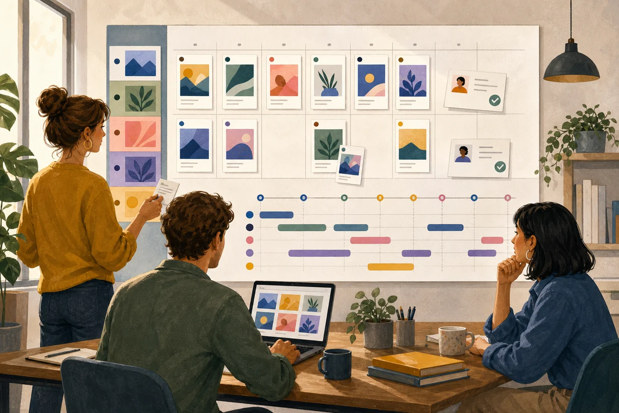 Illustration zu Buffer: Redaktionsteam plant Social-Media-Beitraege auf einer gemeinsamen Zeitachse