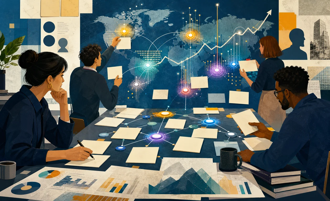Illustration zu BuzzSumo: Content-Team ordnet Themencluster und Trendsignale fuer die Kampagnenplanung