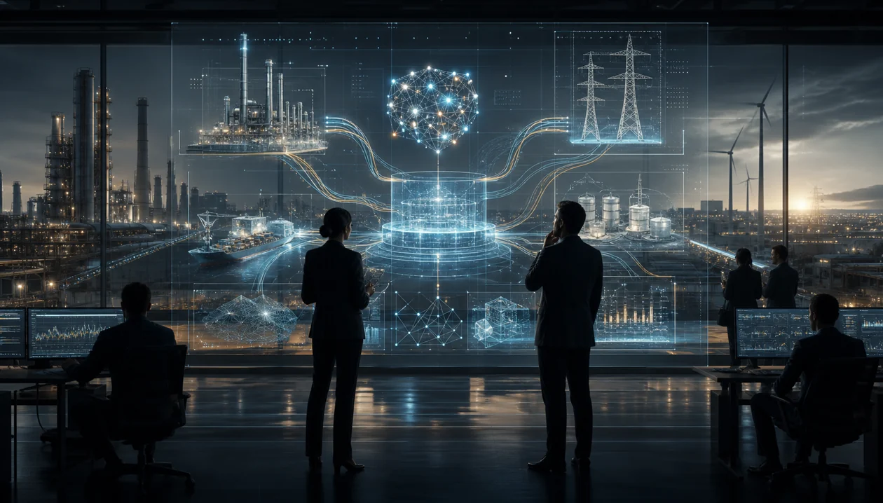 Illustration zu C3.ai: Industrie- und Unternehmensdaten laufen in einem KI-Operationsraum zusammen