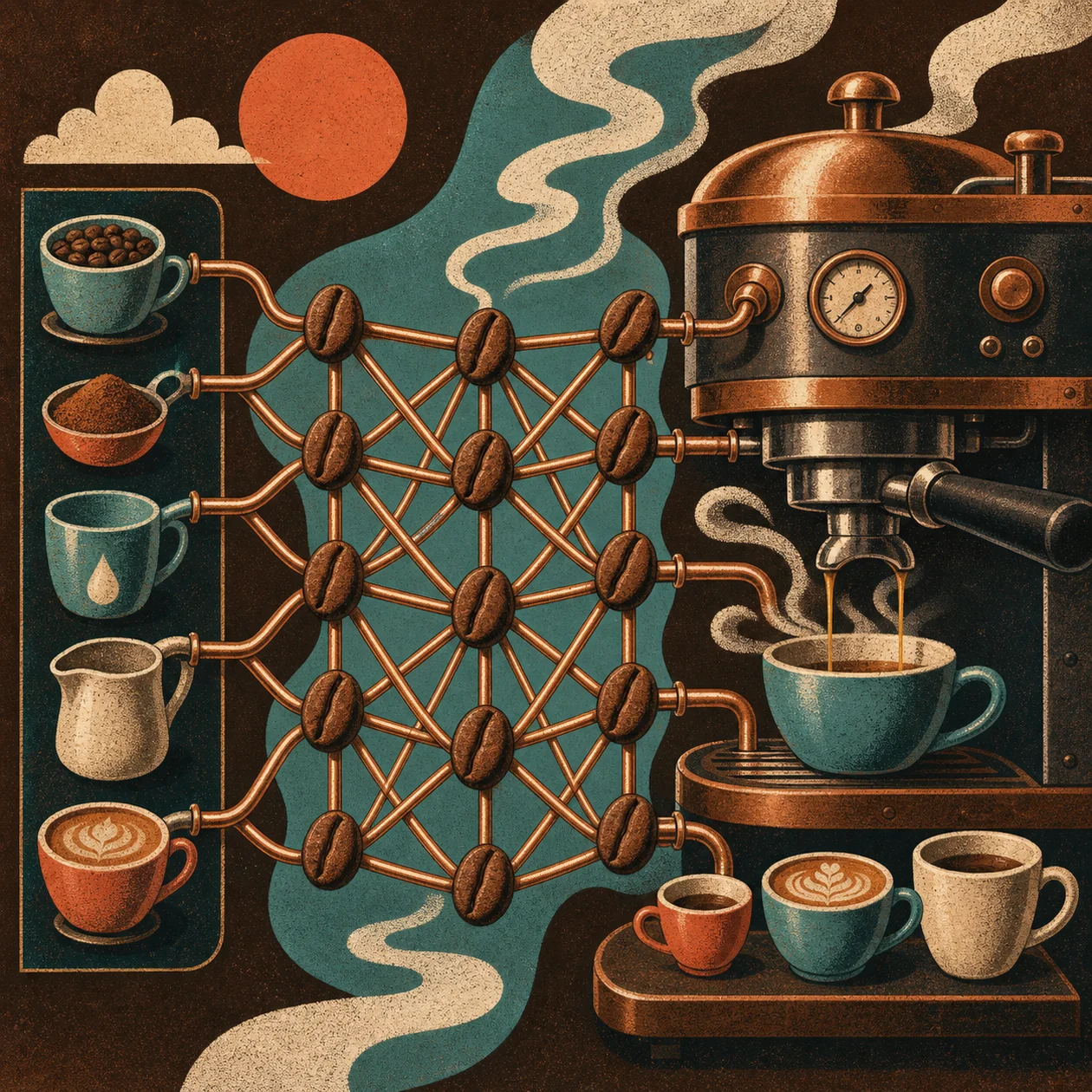 Illustration for Caffe: espresso machine as a neural network of cups and beans