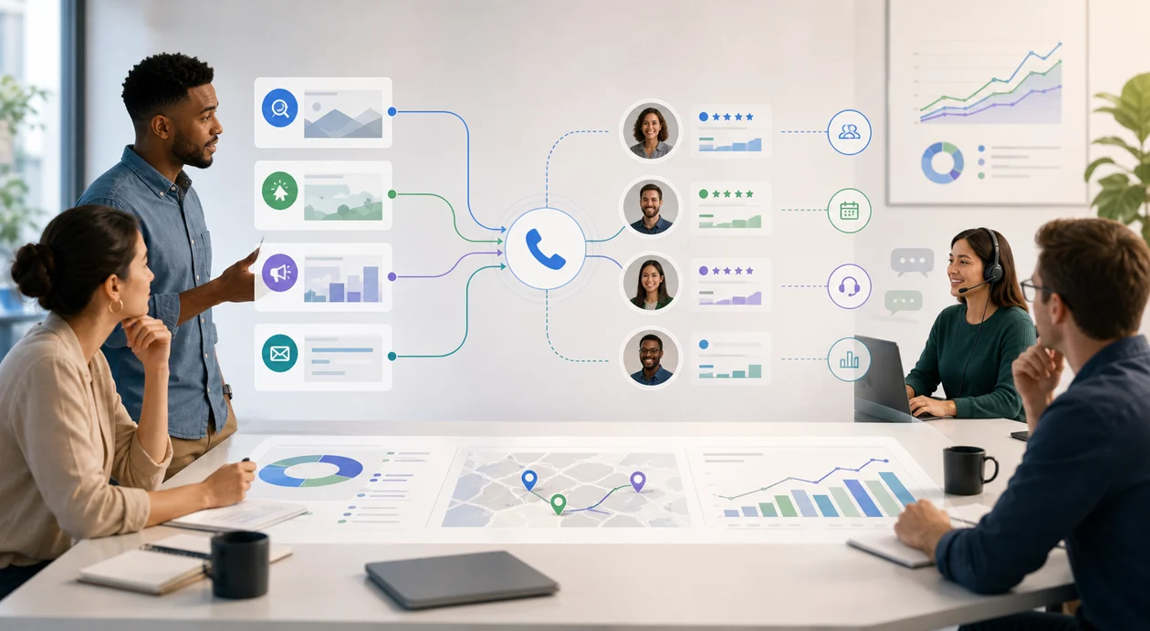 Illustration for CallRail: marketing team connects calls with campaigns and lead attribution