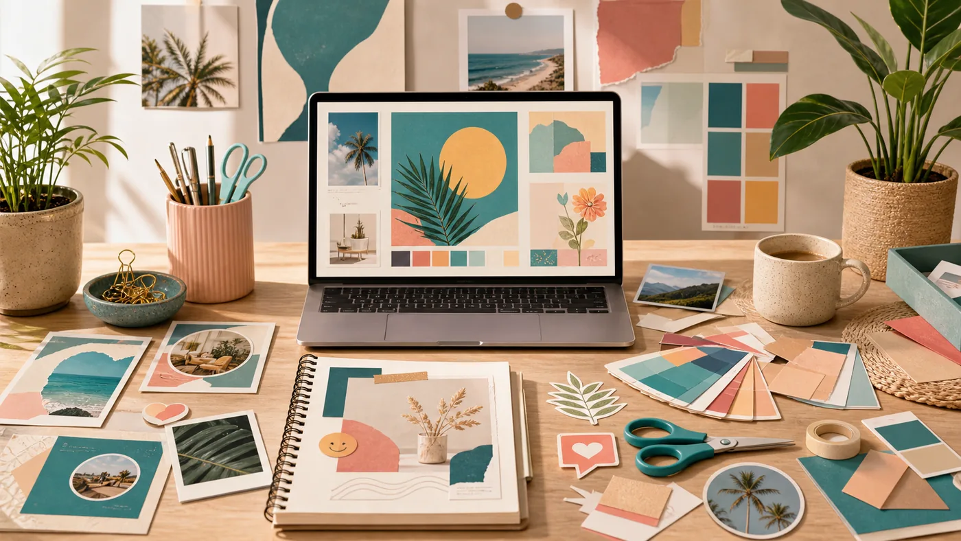 Illustration zu Canva: Vorlagen, Farbkarten und Social-Media-Formate auf einem Designtisch