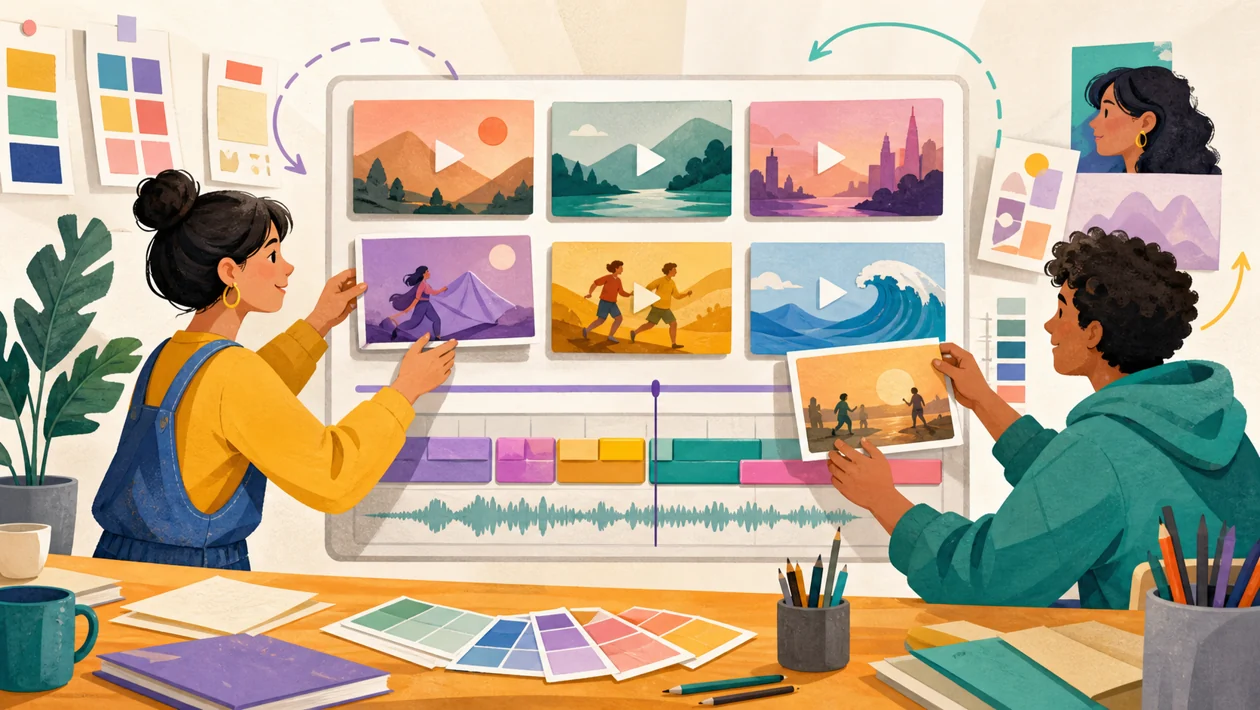 Illustration zu Canva Video: Kreativteam arrangiert Clips, Farben und Szenen zu einem kurzen Video