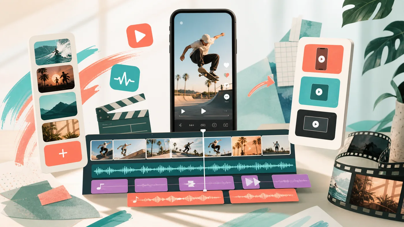 Illustration zu CapCut: vertikale Videos, Schnittspuren und Social-Clips auf einem Kreativtisch