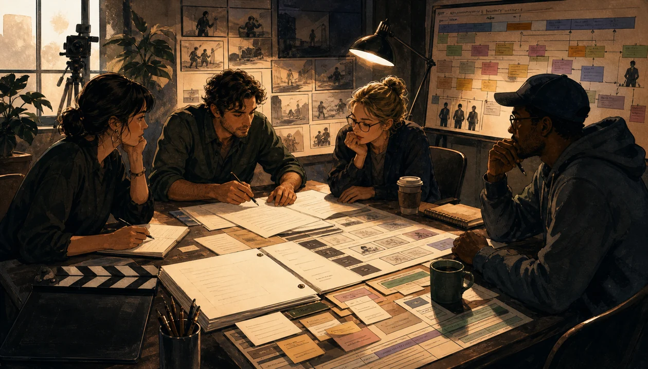 Illustration zu Celtx: Filmteam entwickelt Drehbuch, Storyboard und Produktionsplanung an einem Arbeitstisch