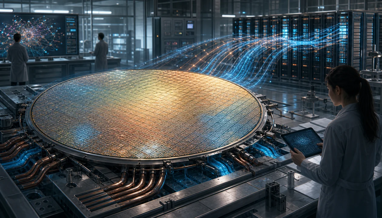 Illustration zum Cerebras Wafer-Scale Engine: Ingenieure betrachten einen grossen KI-Prozessor im Rechenlabor