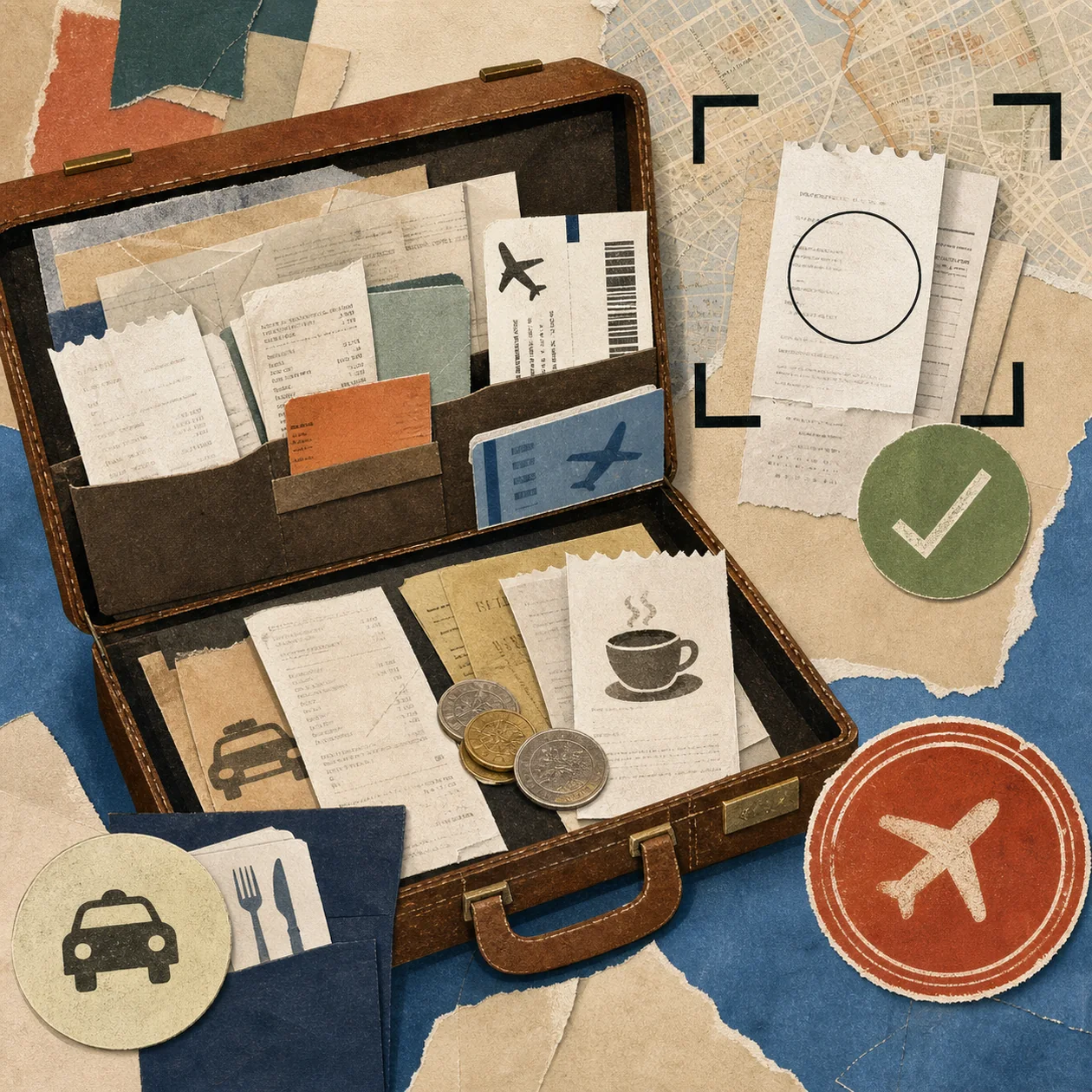 Illustration for Certify: travel case with receipts, cards, and approval markers