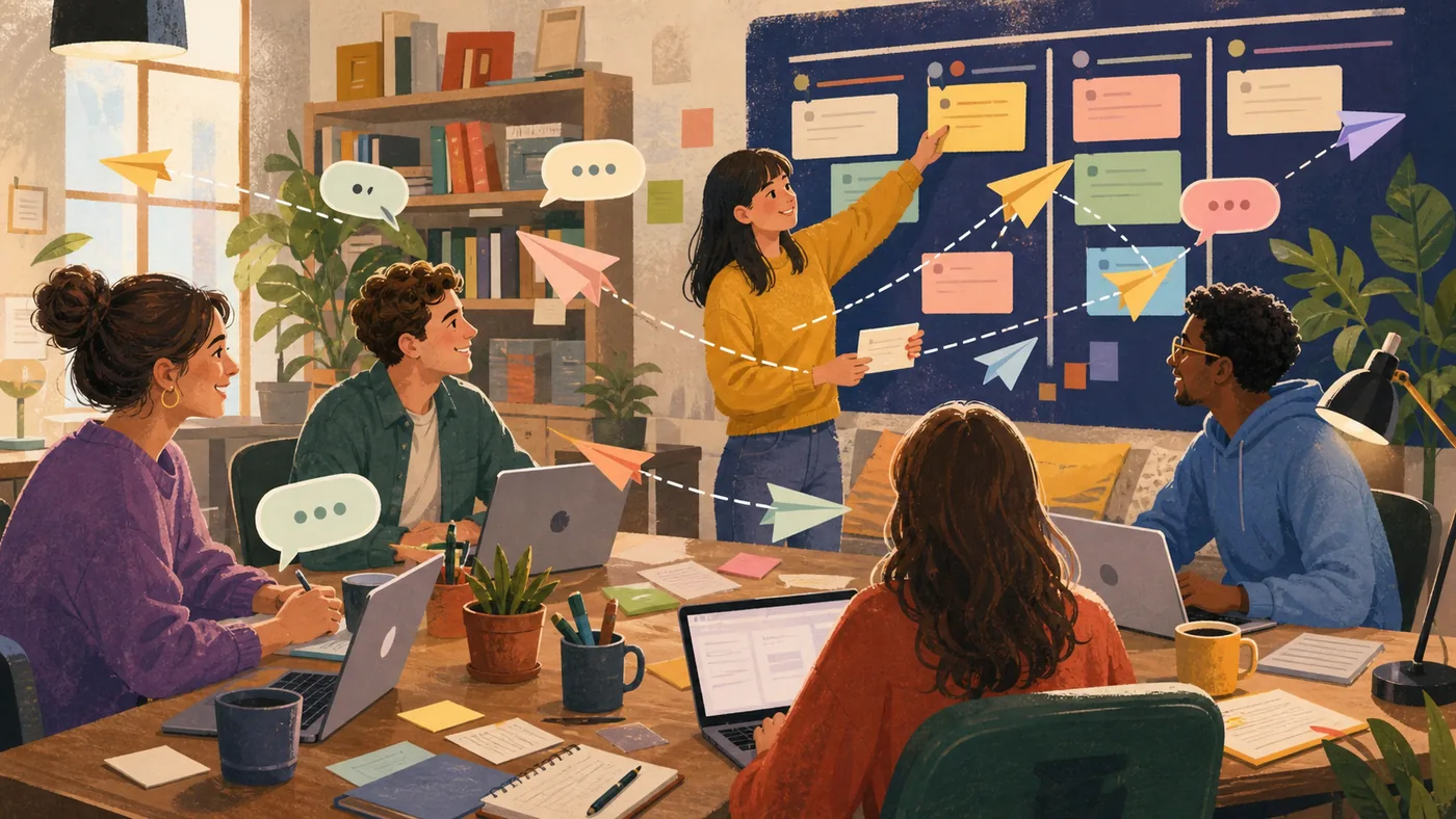 Illustration zu Chanty: Teamnachrichten und Aufgaben in einer kollaborativen Werkstatt
