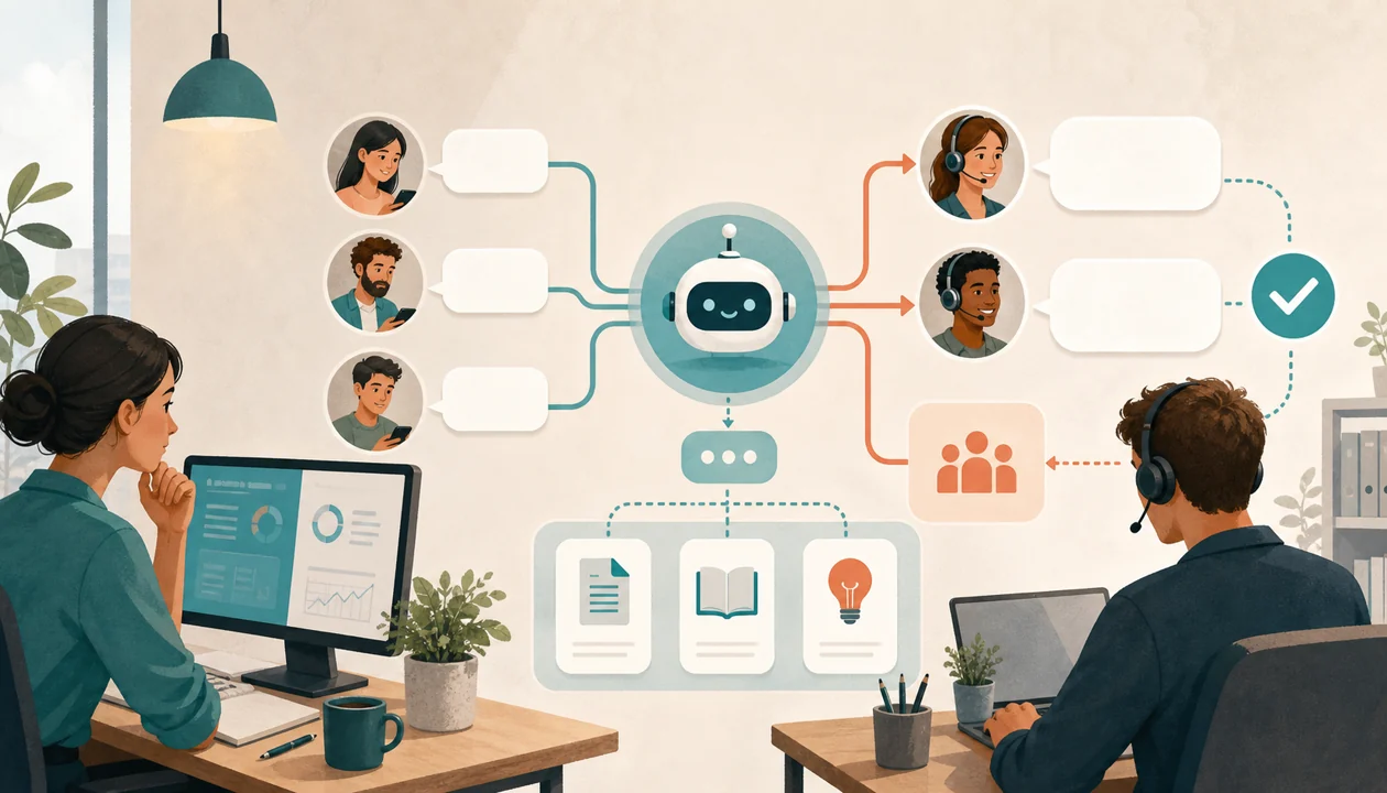 Illustration zu Chatbot.com: Supportteam routet abstrakte Chat-Anfragen zwischen Bot und Menschen