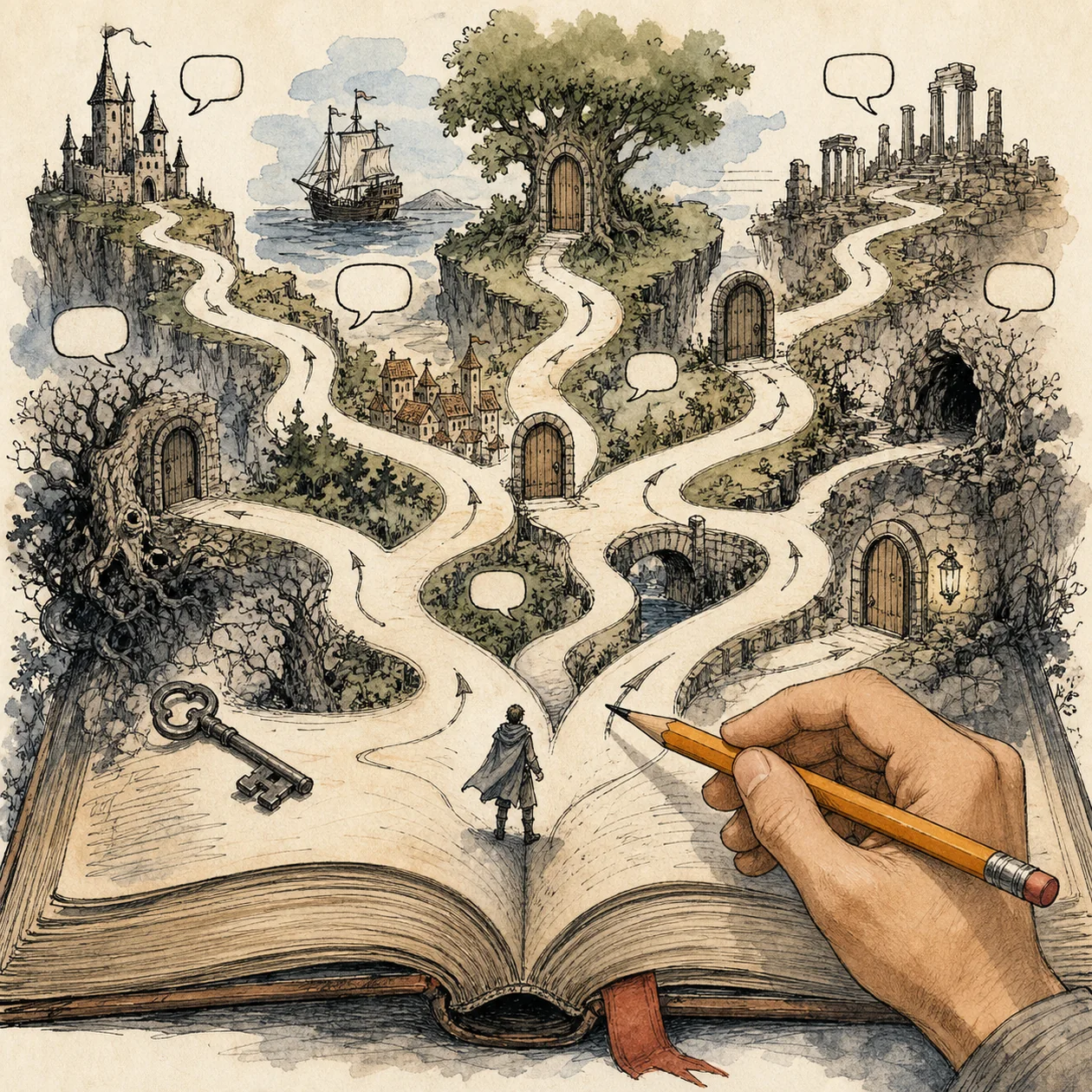 Illustration for ChoiceScript: open book with branching story paths
