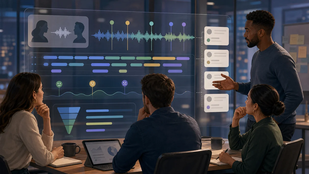 Illustration zu Chorus.ai: Vertriebsteam analysiert Gespraechswellen, Coaching-Momente und Pipeline-Signale