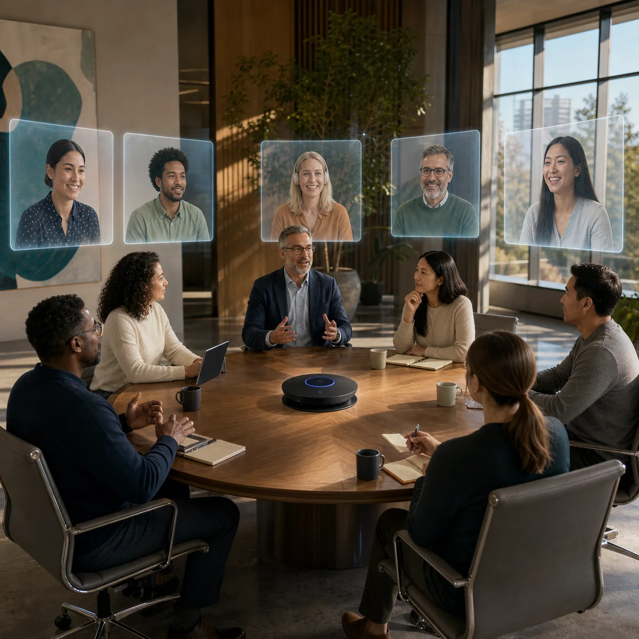 Illustration for Cisco Webex: hybrid meeting table with participant light panels