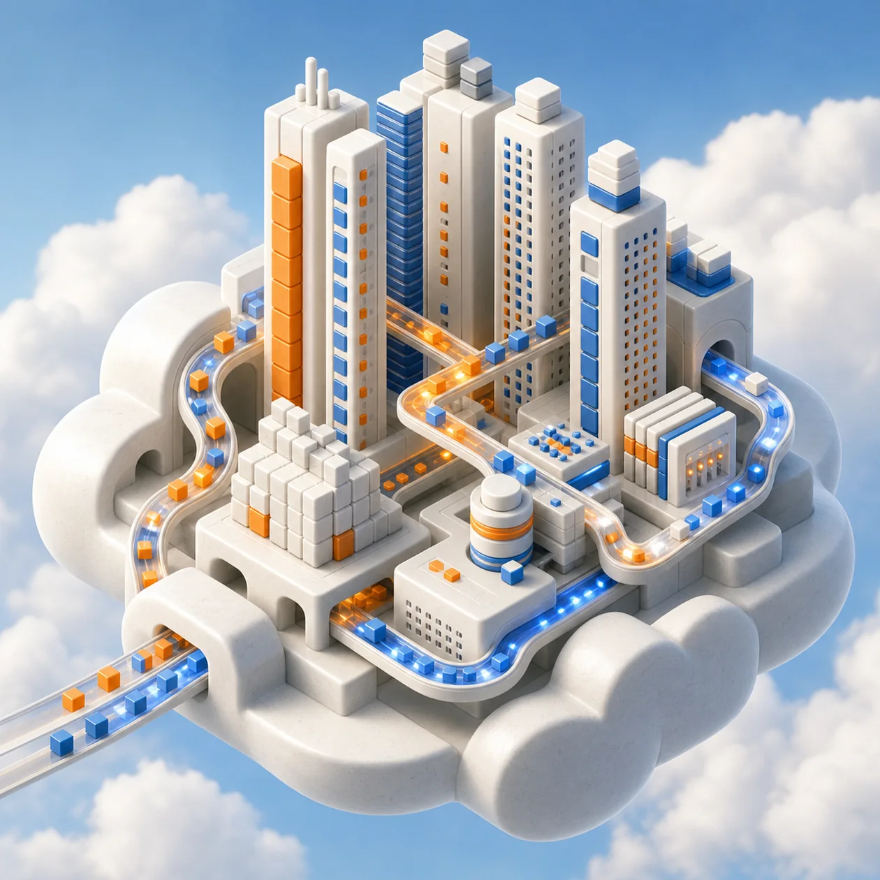Illustration for ClickHouse Cloud: floating cloud warehouse made of fast data columns