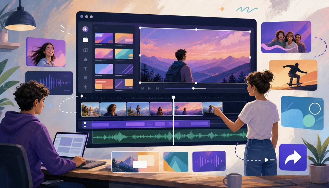 Illustration zu Clipchamp: Videoteam bearbeitet Clips, Audiospuren und Exportwege im Browser-Workflow