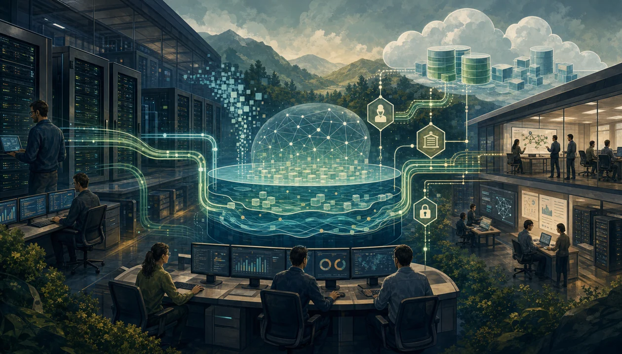 Illustration for Cloudera Data Platform: hybrid data landscape connects governance, cloud, and analytics work
