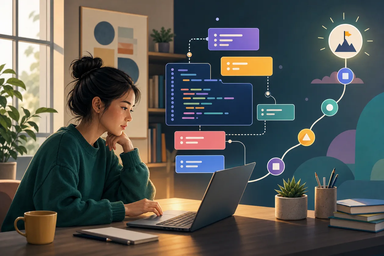 Illustration for Codecademy: learner builds a web app learning path from code blocks