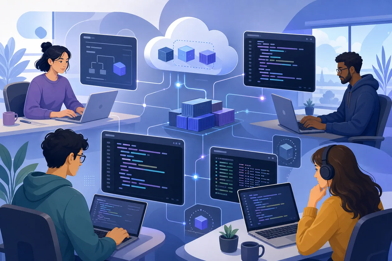 Illustration zu Coder: Entwicklungsteam verbindet Cloud-Workspaces mit Containern und Code-Umgebungen