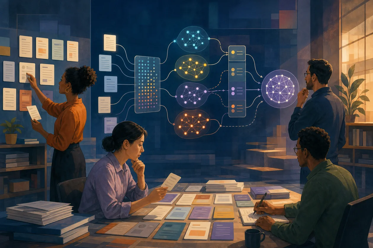 Illustration zu Cohere: KI-Team ordnet Dokumente, Embeddings und Retrieval-Pfade