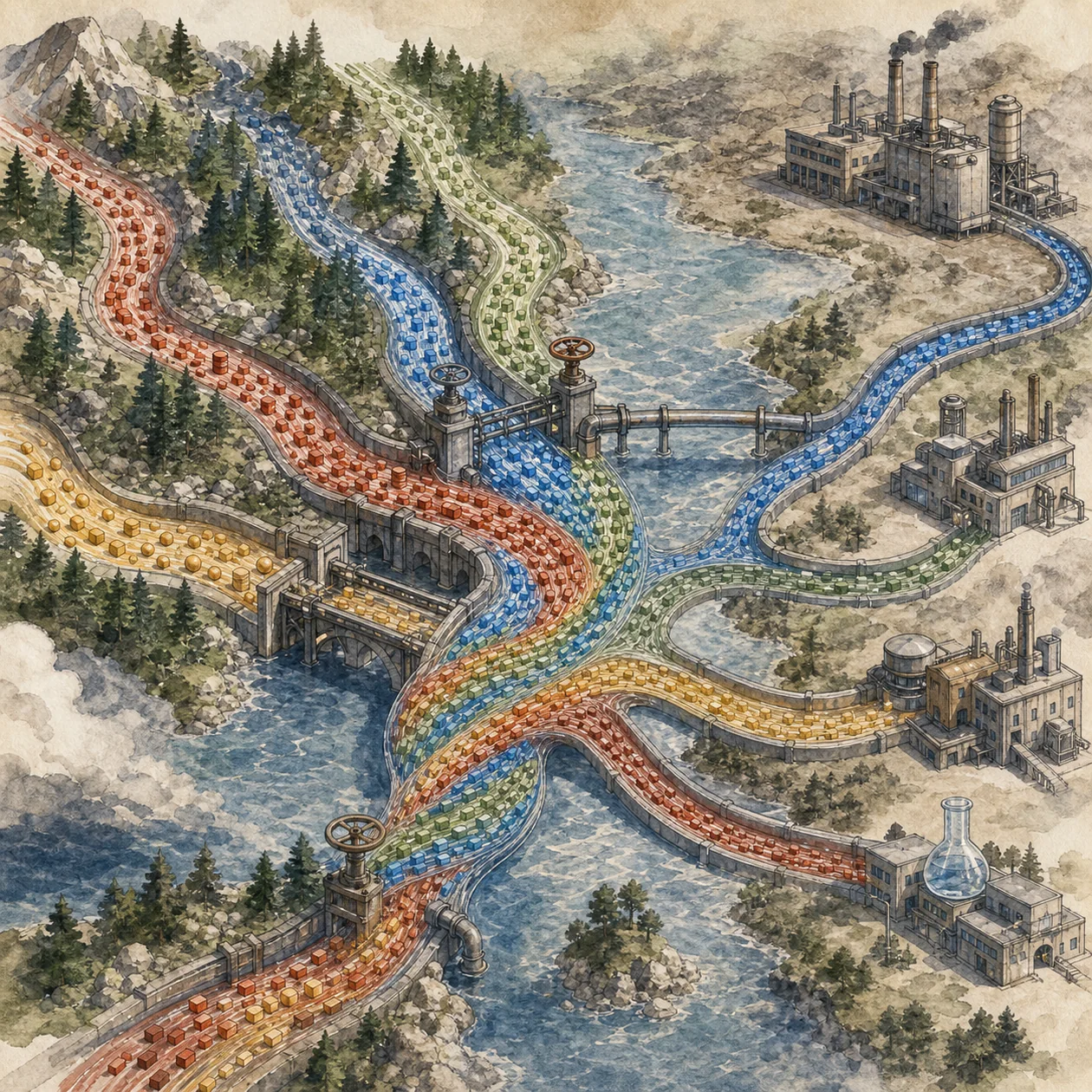 Illustration for Confluent Platform: data streams branching like rivers through channels