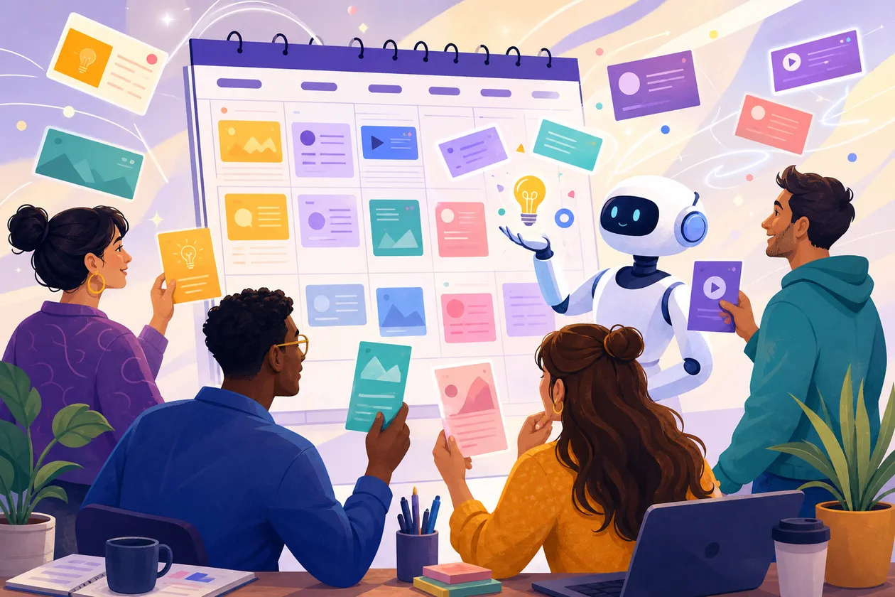 Illustration zu ContentBot: Marketingteam formt Ideen, Entwuerfe und Kampagnenkarten